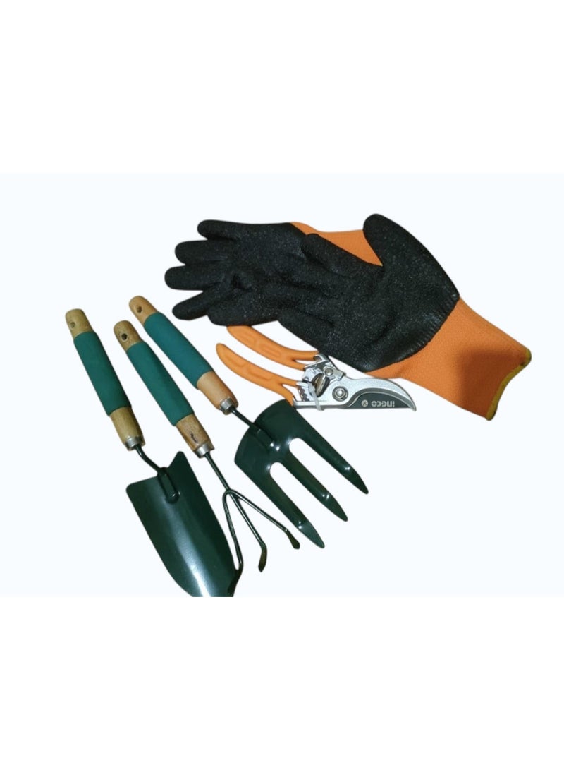 طقم أدوات الحديقة، ٥ قطع مكونه من طقم ادوات ومقص و قفازات ، أخضر وبرتقالي - Image 2